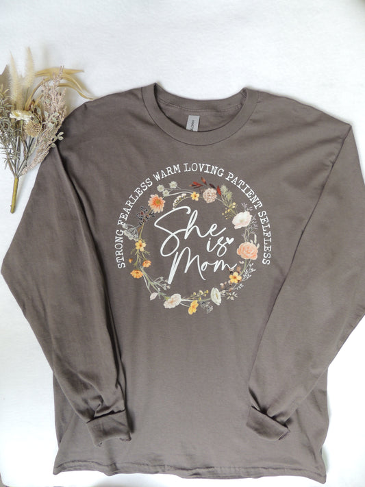 Floral She Is Mom - Long Sleeve Tee in Charcoal