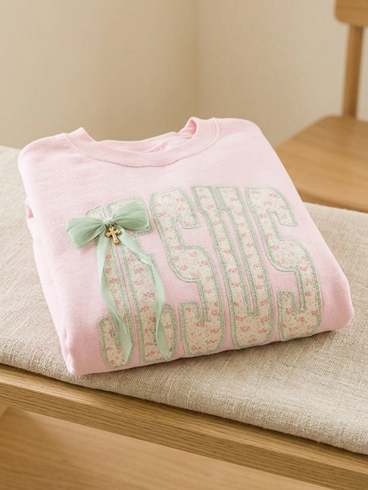 Bow Pattern Jesus - Crew Neck in Light Pink