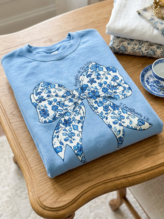 Daughter Of The King Blue Floral Bow - Crew Neck in Carolina Blue