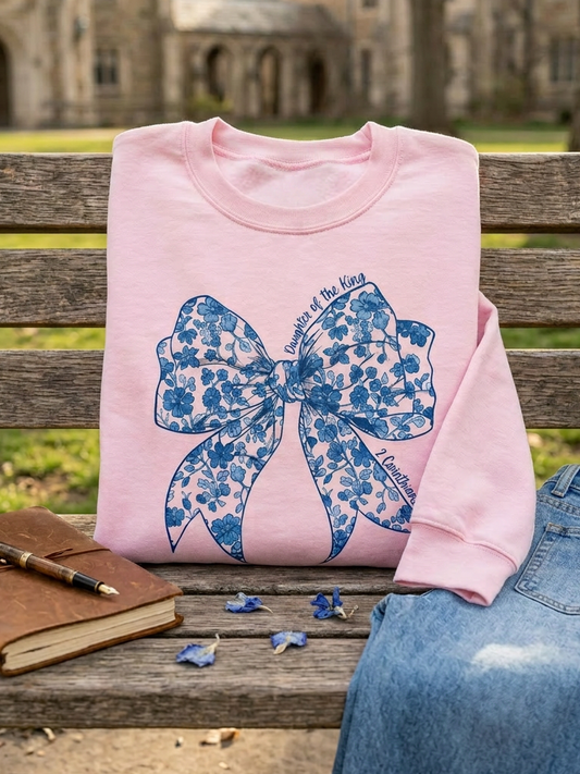 Daughter Of The King Blue Floral Bow - Crew Neck in Light Pink