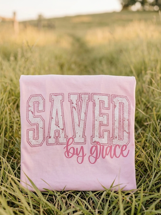 Distressed Saved by Grace - Short Sleeve Tee in Blossom