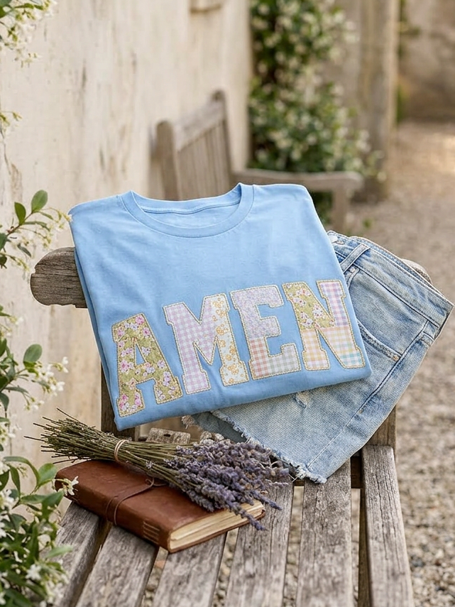 Faux Fabric Patchwork Amen - Short Sleeve Tee in Caroline Blue