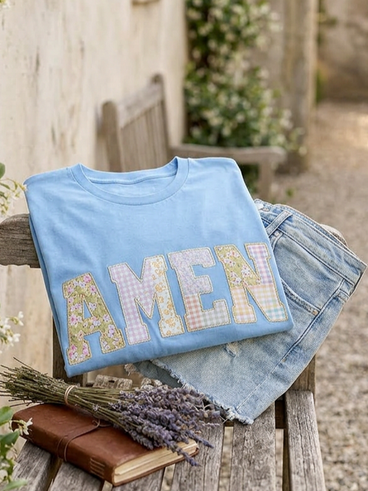 Faux Fabric Patchwork Amen - Short Sleeve Tee in Caroline Blue