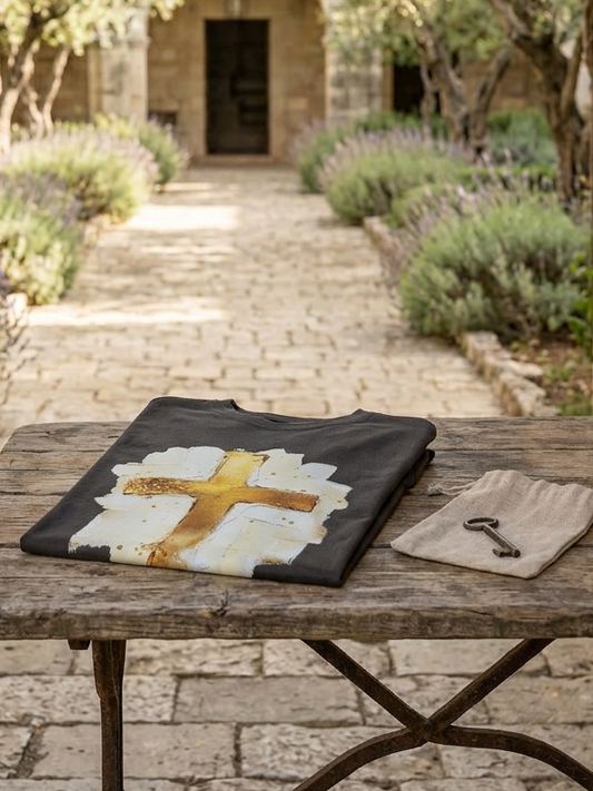 Faux Painted Gold Cross - Short Sleeve Tee in Graphite