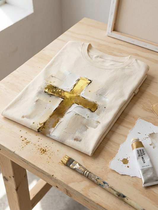 Faux Painted Gold Cross - Short Sleeve Tee in Ivory