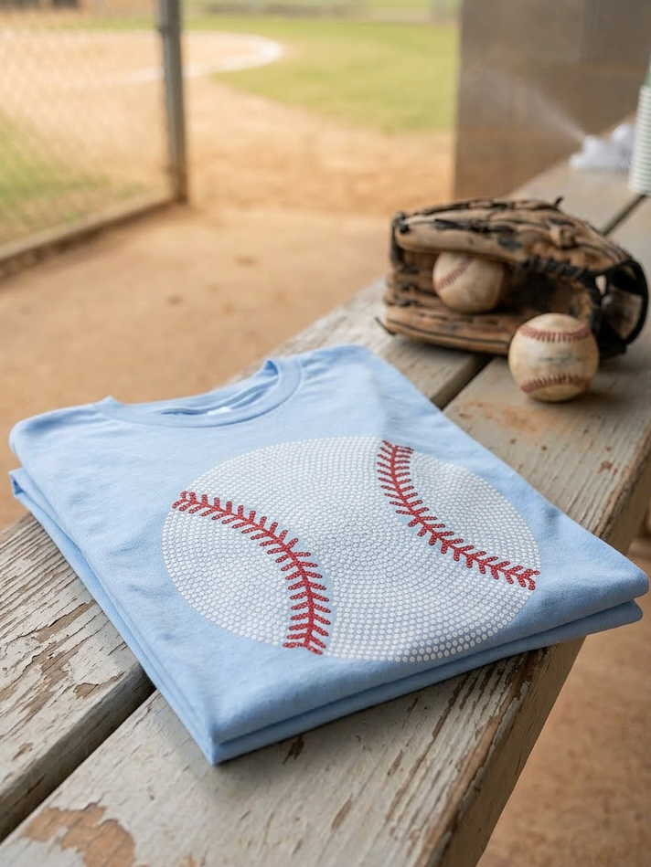 Faux Rhinestone Baseball - Short Sleeve Tee in Carolina Blue