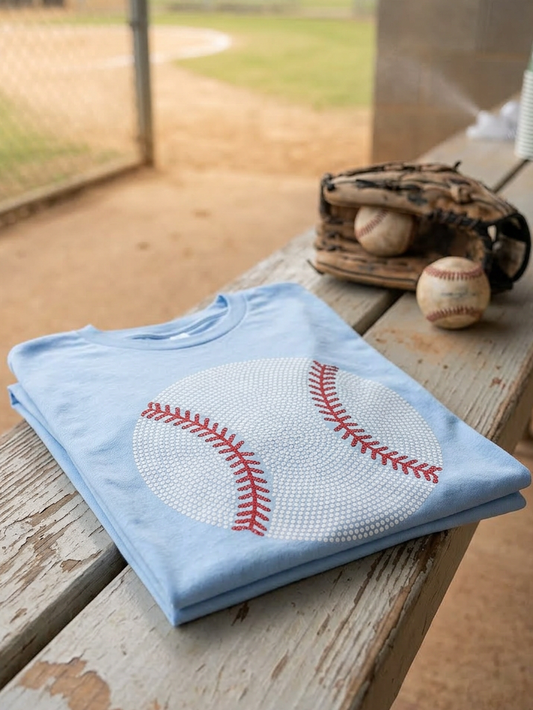 Faux Rhinestone Baseball - Short Sleeve Tee in Carolina Blue