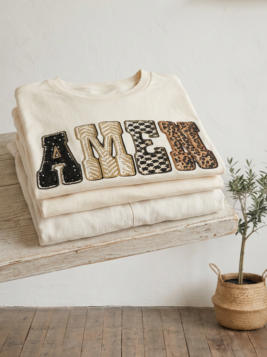 Faux Yarn Amen Religious - Short Sleeve Tee in Ivory