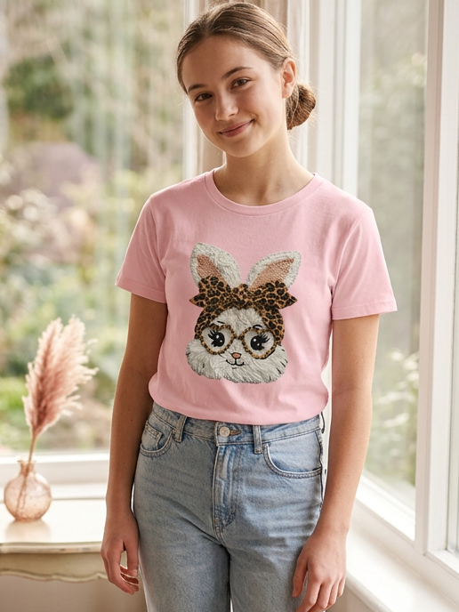 Faux Yarn Leopard Bow Bunny - Short Sleeve Tee in Pink