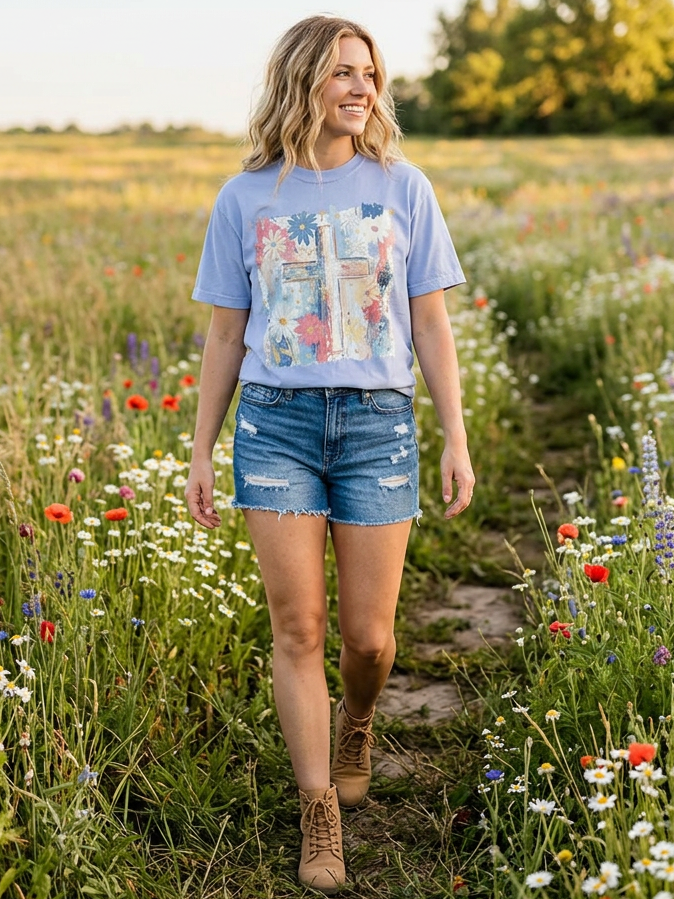 Floral Cross - Short Sleeve Tee in Washed Denim