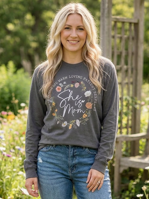 Floral She Is Mom - Long Sleeve Tee in Charcoal