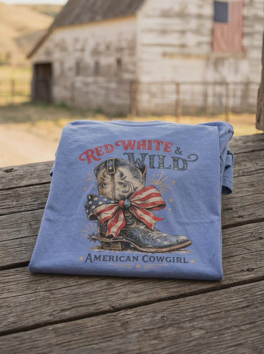 Red White & Wild- American Cowgirl Short-Sleeve Comfort Color Tee- 4th of July T-Shirt