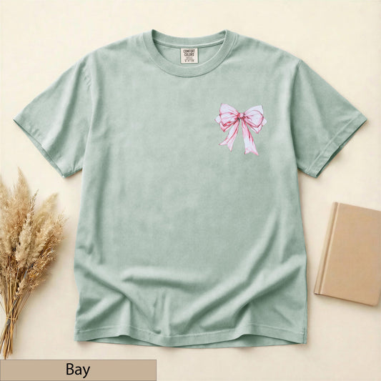 Pink Coquette Bow Pocket Tee, Watercolor Ribbon Shirt, Comfort Colors Cotton T-Shirt