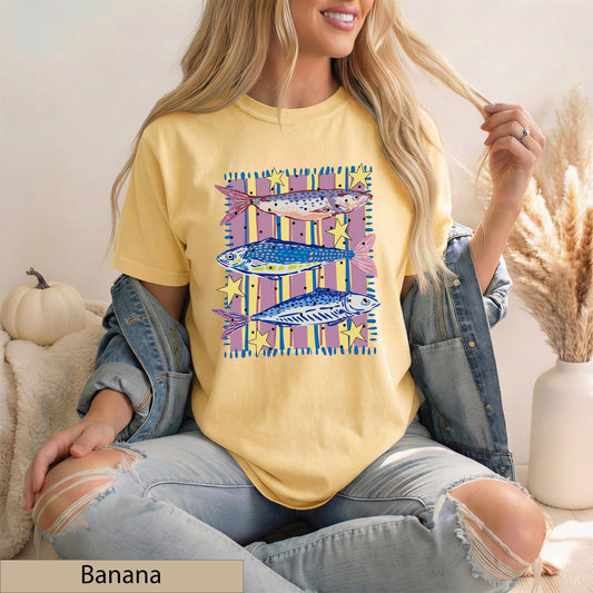 Preppy Fish Trio Comfort Colors Tee, Coastal Pastel Striped Tshirt, Summer Beach Wear