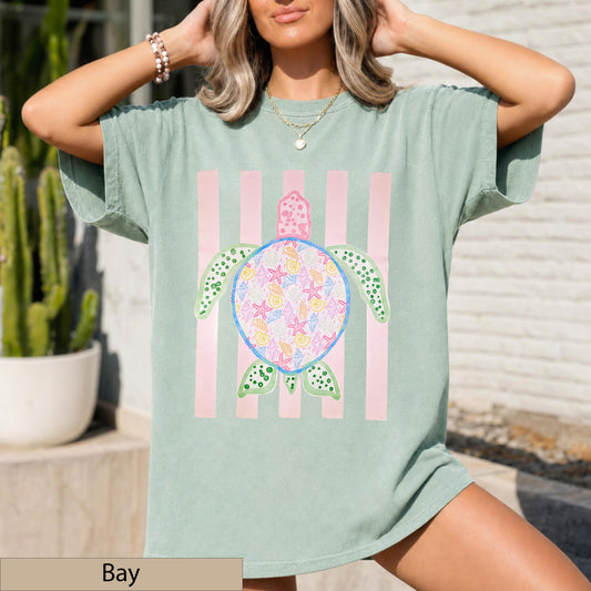 Preppy Coastal Sea Turtle Shirt, Pastel Shell Graphic Tee, Beach Vacation Top