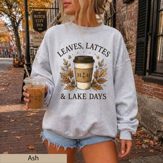 Leaves Lattes Lake Days Sweatshirt, Autumn Coffee Crewneck, Fall Lake Life Pullover