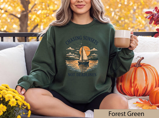 Chasing Sunsets Not Deadlines Sweatshirt, Sailboat Lake House Crewneck, Nautical Sunset Sweater