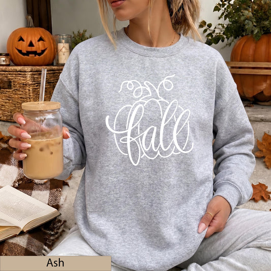 Fall Pumpkin Script Crewneck Sweatshirt, Cozy Autumn Orange Jumper