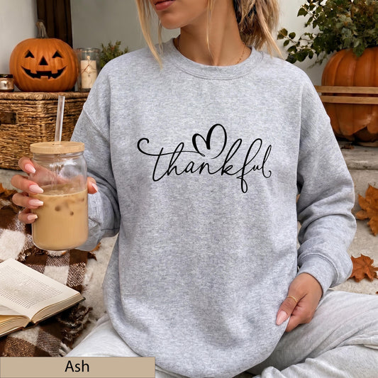 Thankful Sweatshirt, Black Script Crewneck, Minimalist Heart Script Sweater, Cozy Fall Jumper