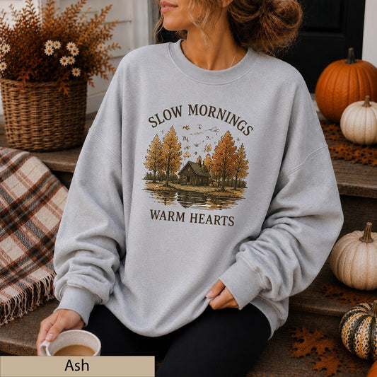 Slow Mornings Warm Hearts Crewneck, Vintage Autumn Cabin Lakeside Sweater