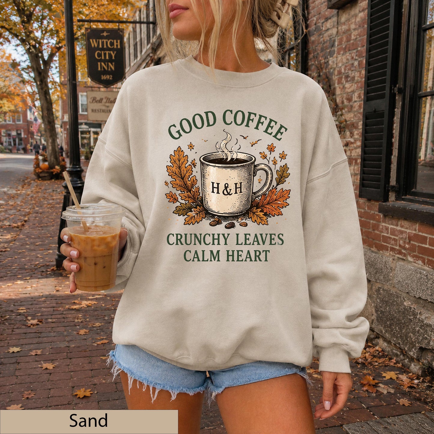 Good Coffee Crunchy Leaves Calm Heart Sweatshirt, Autumn Cozy Crewneck, Gildan 18000 Fall Sweater