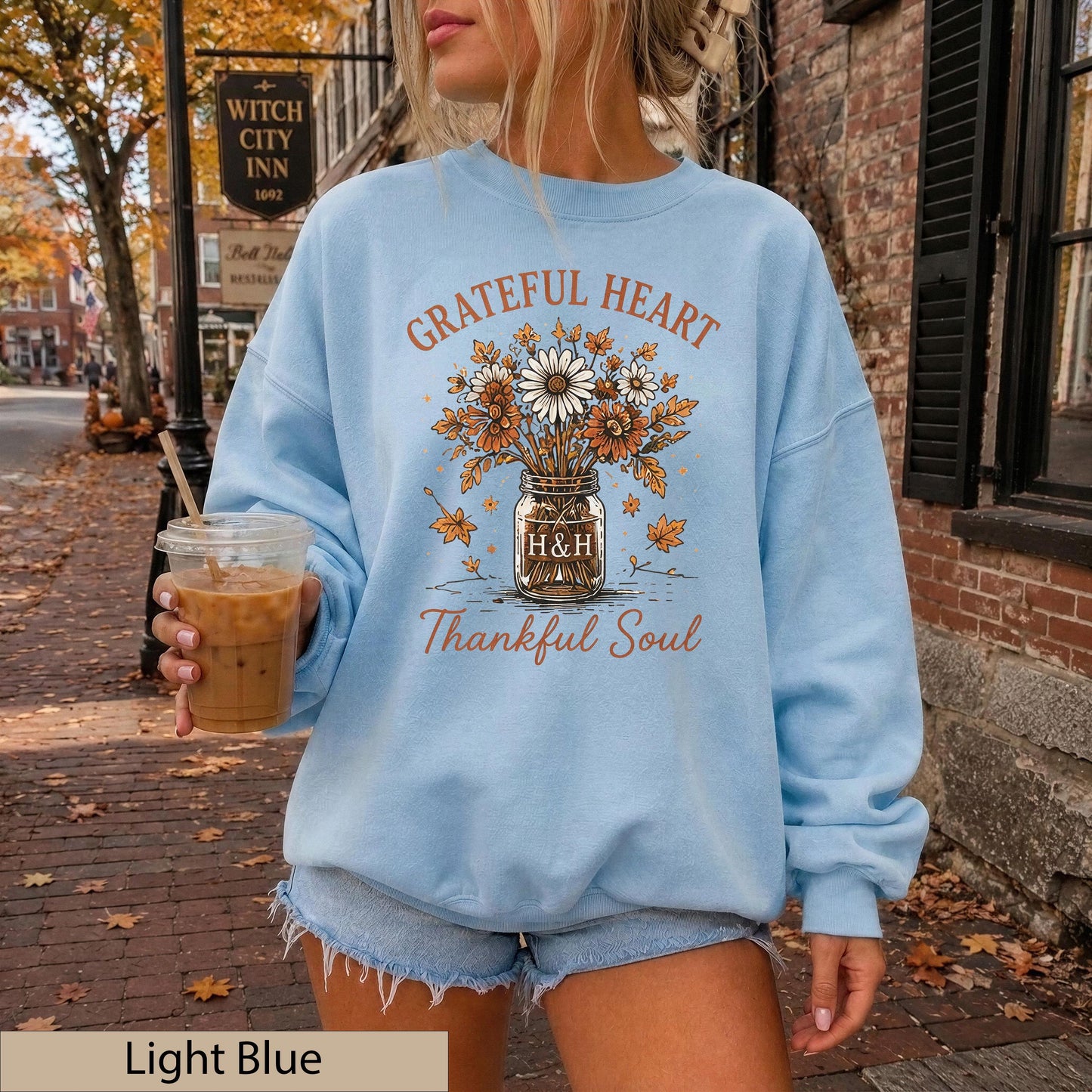 Grateful Heart Thankful Soul Sweatshirt, Floral Mason Jar Crewneck, Autumn Thanksgiving Jumper