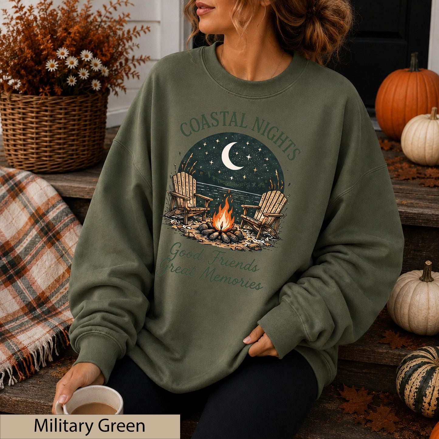 Coastal Nights Crewneck Sweatshirt, Bonfire Lake House Jumper, Friends Memories Sweater