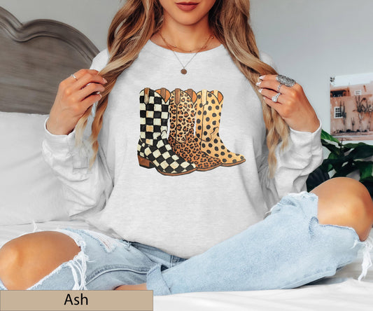 Cowgirl Boots Graphic Crewneck Sweatshirt, Checkered Leopard Polka Dot Western Sweater