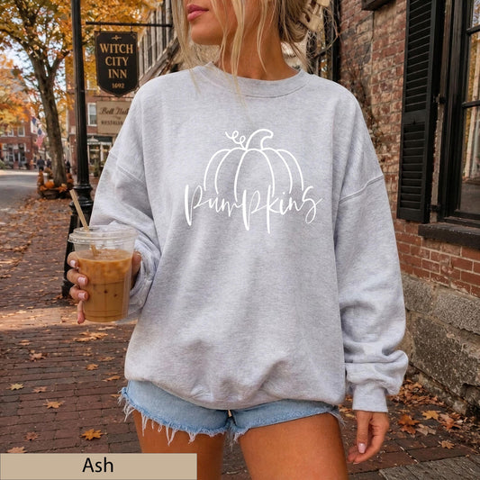 Minimalist White Hand Drawn Pumpkin Sweatshirt, Cozy Autumn Line Art Crewneck Sweater