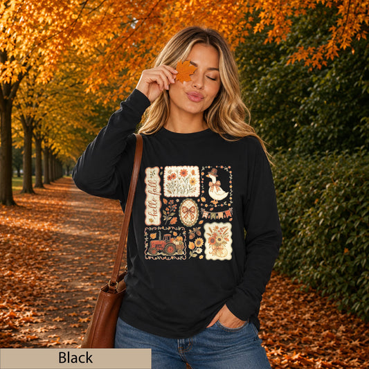 Hello Fall Patchwork Collage Shirt, Cottagecore Tractor Pumpkin Duck Top
