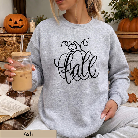 Orange Fall Pumpkin Script Sweatshirt, Cozy Autumn Crewneck Sweater