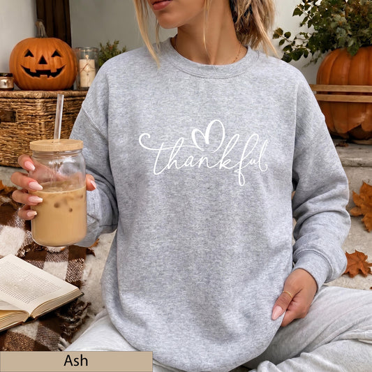 Thankful Fall Sweatshirt, White Script Heart Sweater, Minimalist Thanksgiving Crewneck, Cozy Fall Jumper