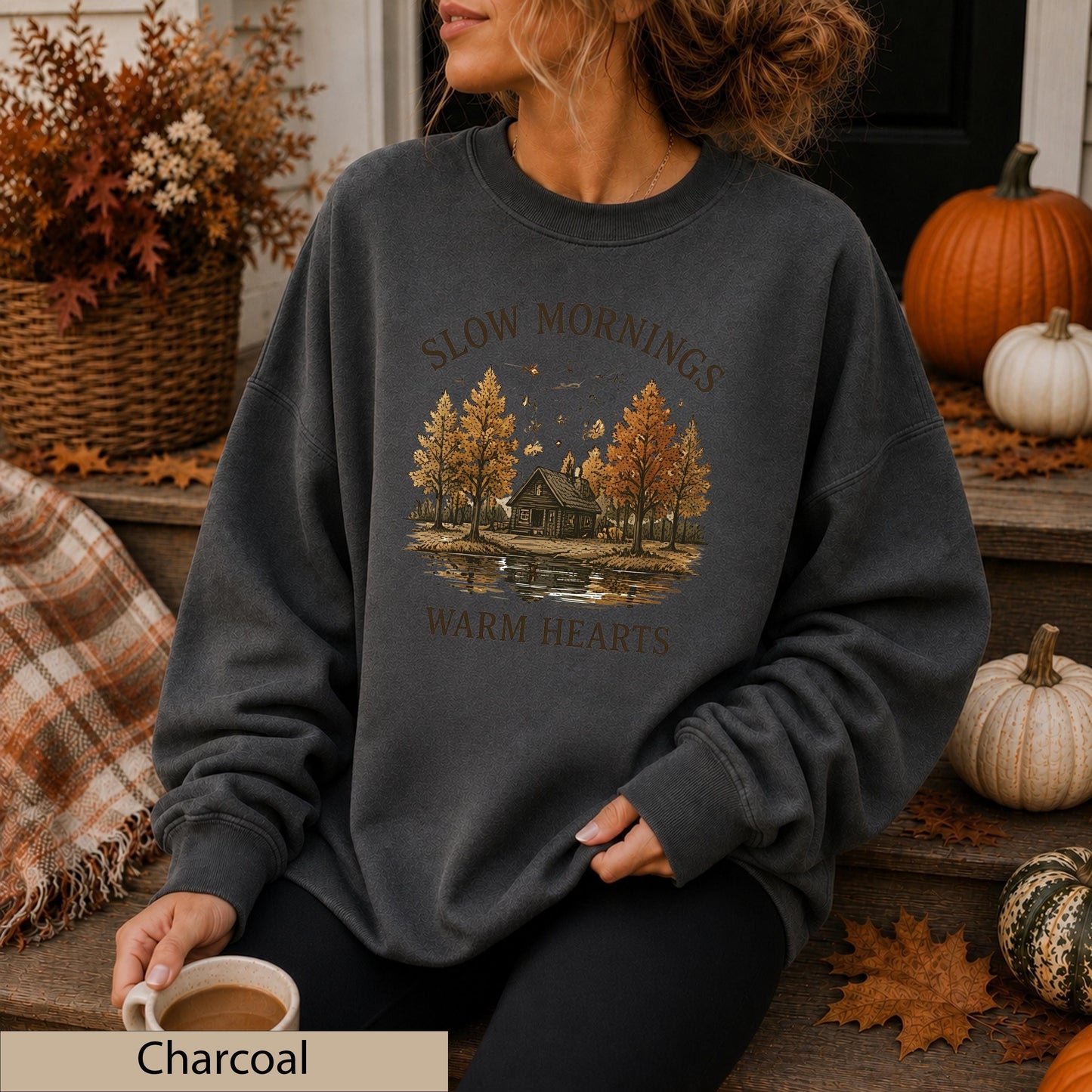 Slow Mornings Warm Hearts Crewneck, Vintage Autumn Cabin Lakeside Sweater
