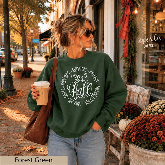 Fall Favorites White Script Sweatshirt, Autumn Pumpkin Crewneck, Cozy Bonfires Hayrides Jumper