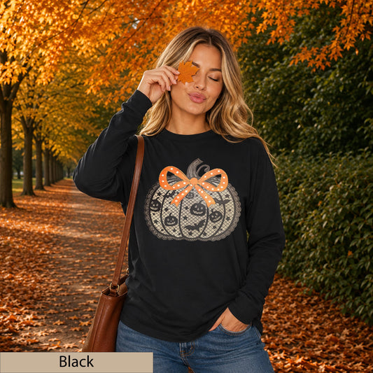 Lace Pumpkin Long Sleeve Shirt, Coquette Bow Halloween Top, Fall Autumn Patch Outfit