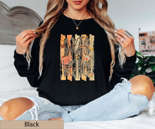 Sweater Weather Retro Fall Long Sleeve Shirt, Distressed Autumn Graphic Top, Coffee Lover Jumper