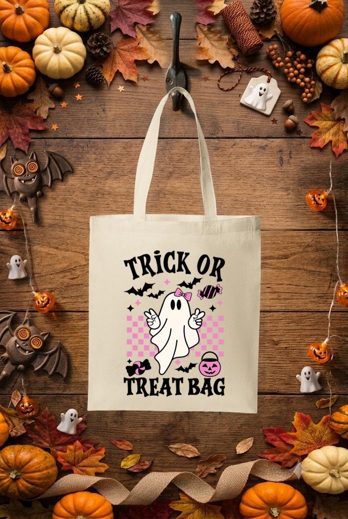 Ghost Halloween Trick or Treat Bag, Girls Spooky Season Candy Tote (Black Letters)