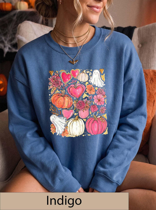Pink Pumpkin Ghost Sweatshirt, Floral Halloween Crewneck, Fall Sweater