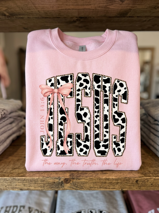 Jesus Cow Print - Crew Neck in Light Pink