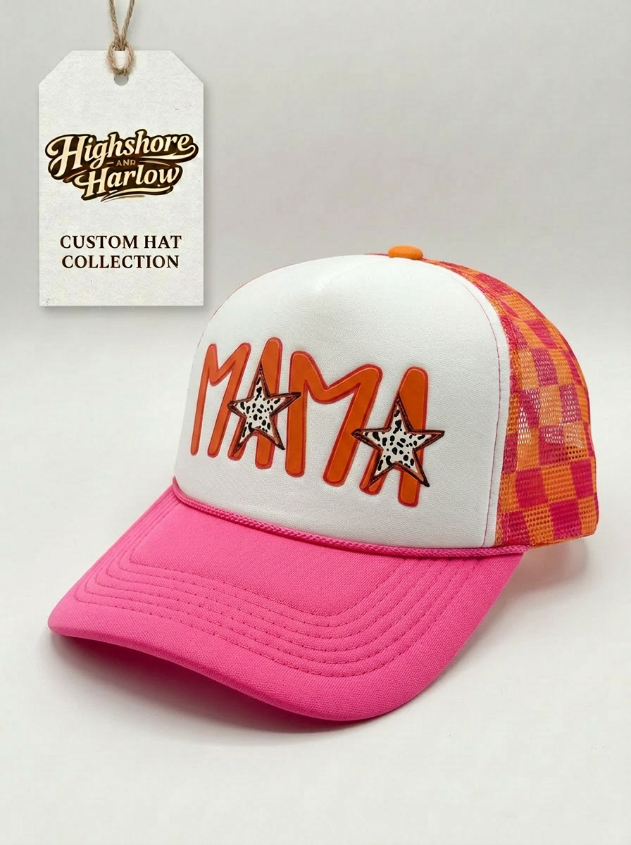 Mama Spotted Stars - Women's Hat in White, Neon Pink and Orange