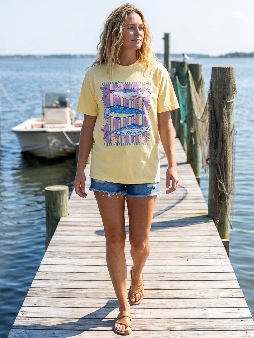 Preppy Fish Trio - Short Sleeve Tee in Butter