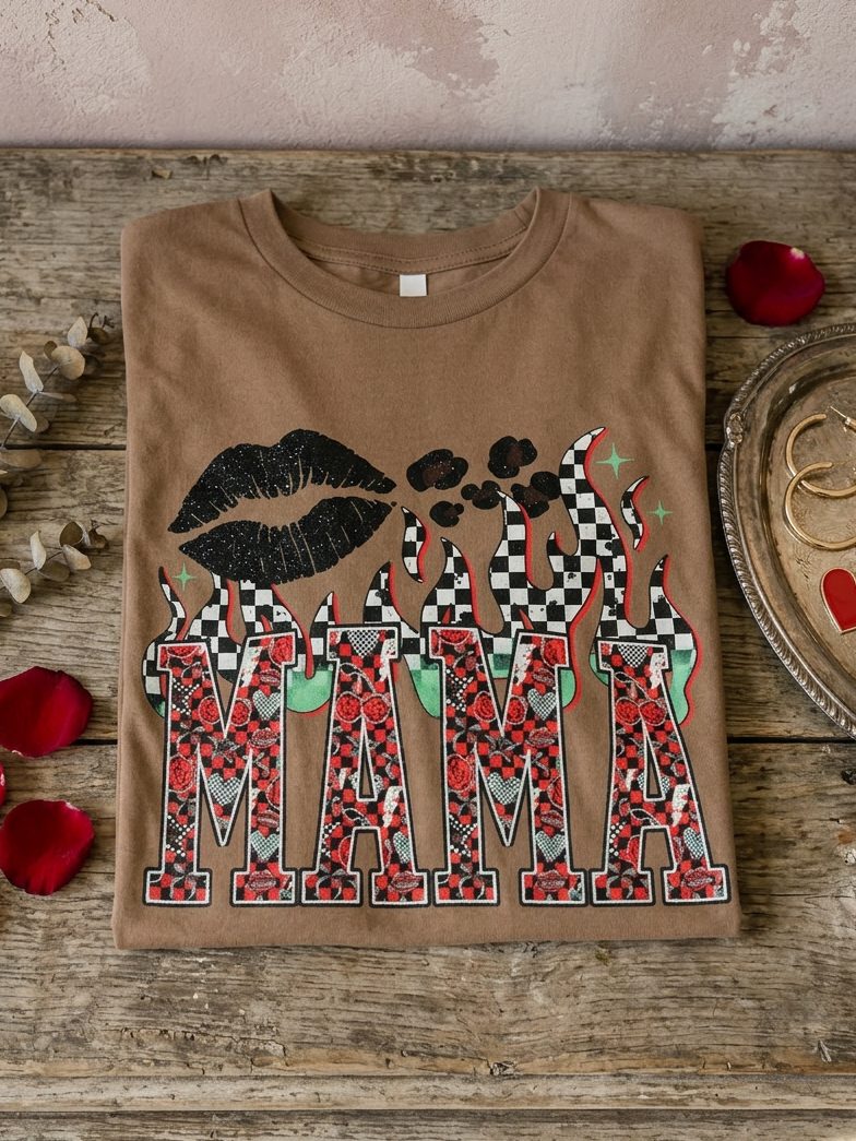 Retro Mama Flames - Short Sleeve Tee in Vintage Brown
