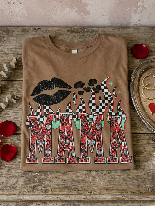 Retro Mama Flames - Short Sleeve Tee in Vintage Brown