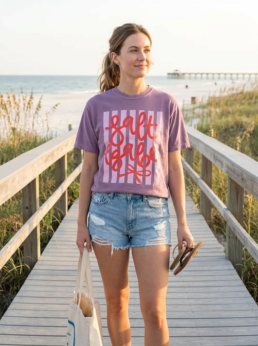 Salt Babe Striped Graphic - Short Sleeve Tee in Wine