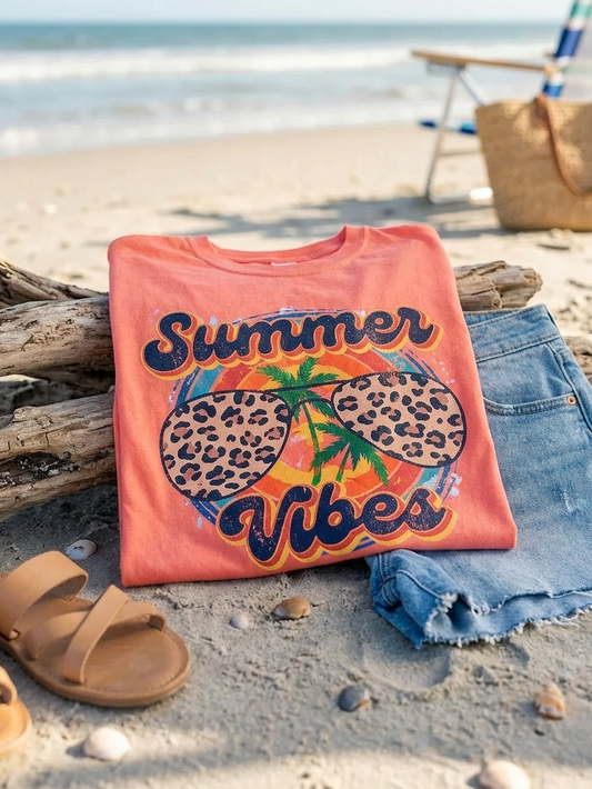 Summer Vibes Leopard - Short Sleeve Tee in Bright Salmon