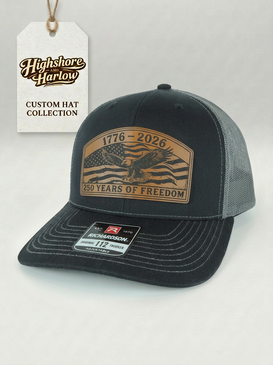 The "250 Years of Freedom" - Premium Faux Leather Patch Hat - Richardson 112 in Black/Charcoal