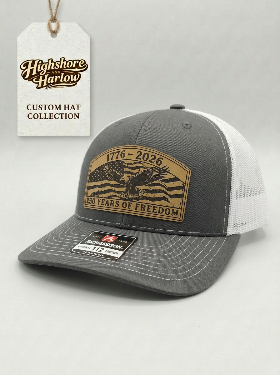 The "250 Years of Freedom" Premium Faux Leather Patch Hat - Richardson 112 in Charcoal/White