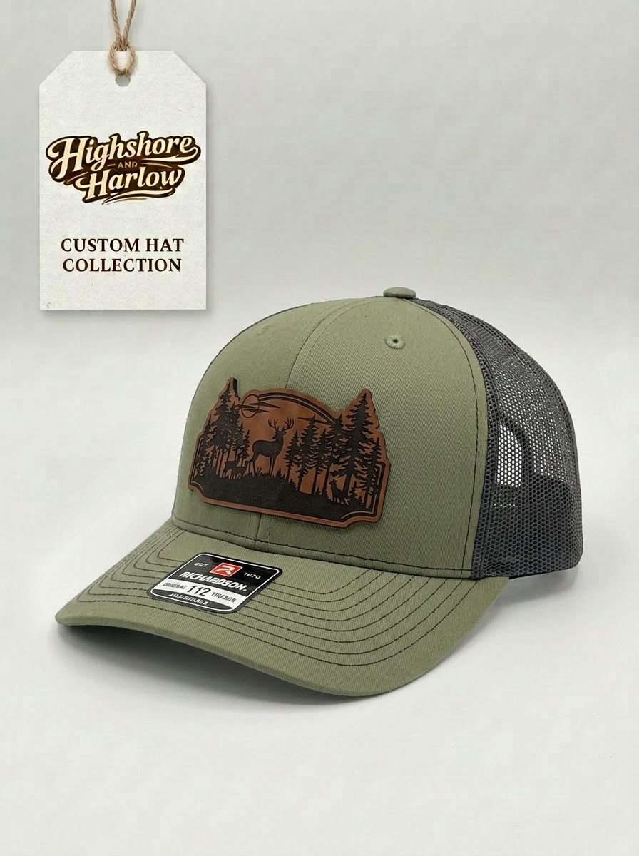 The "Great Outdoors" Deer Scene Faux Leather Patch Hat - Richardson 112 in Loden/Black