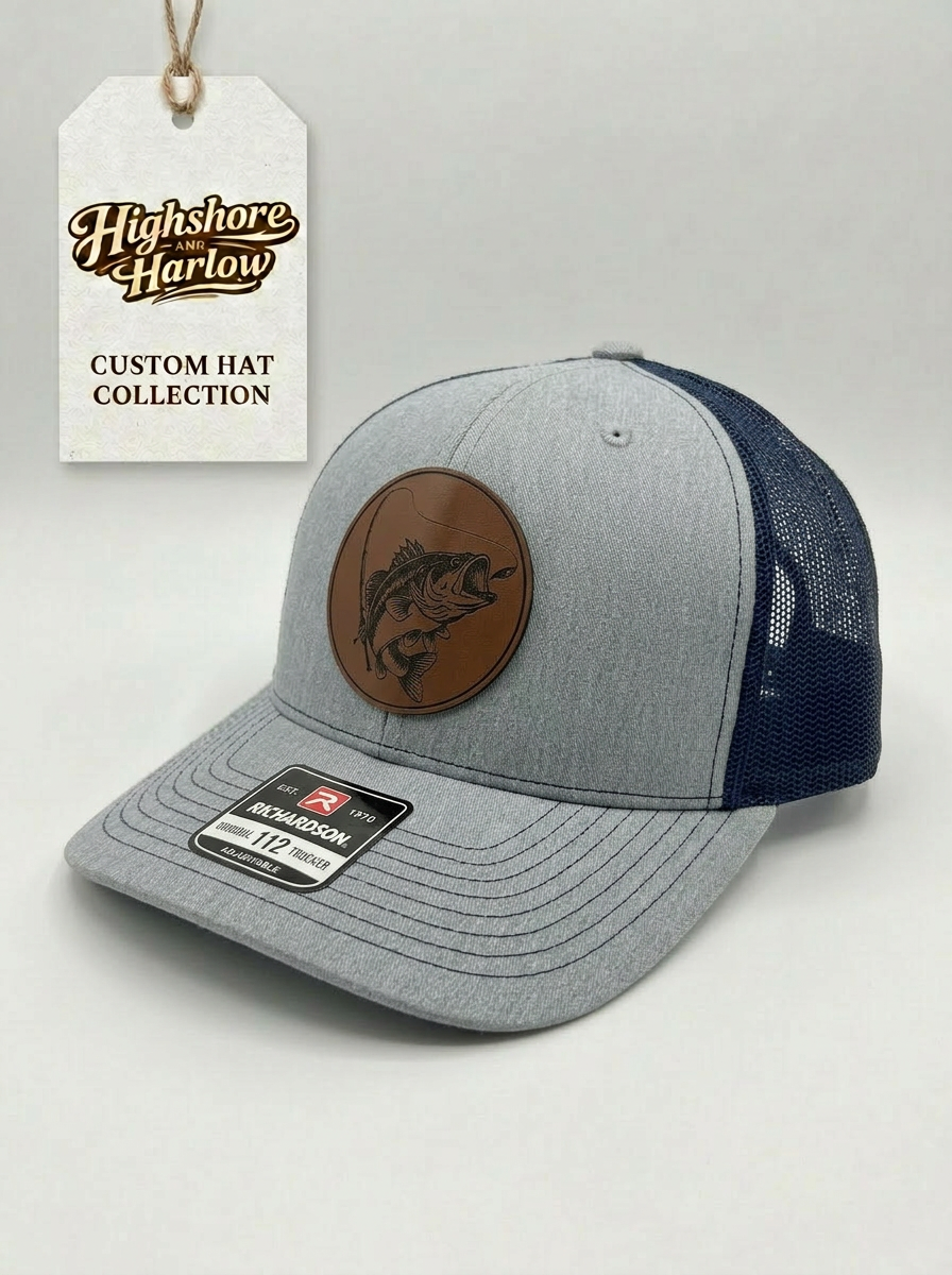 The "Hooked Bass" Premium Faux Leather Patch Hat - Richardson 112 in Heather Gray/Navy