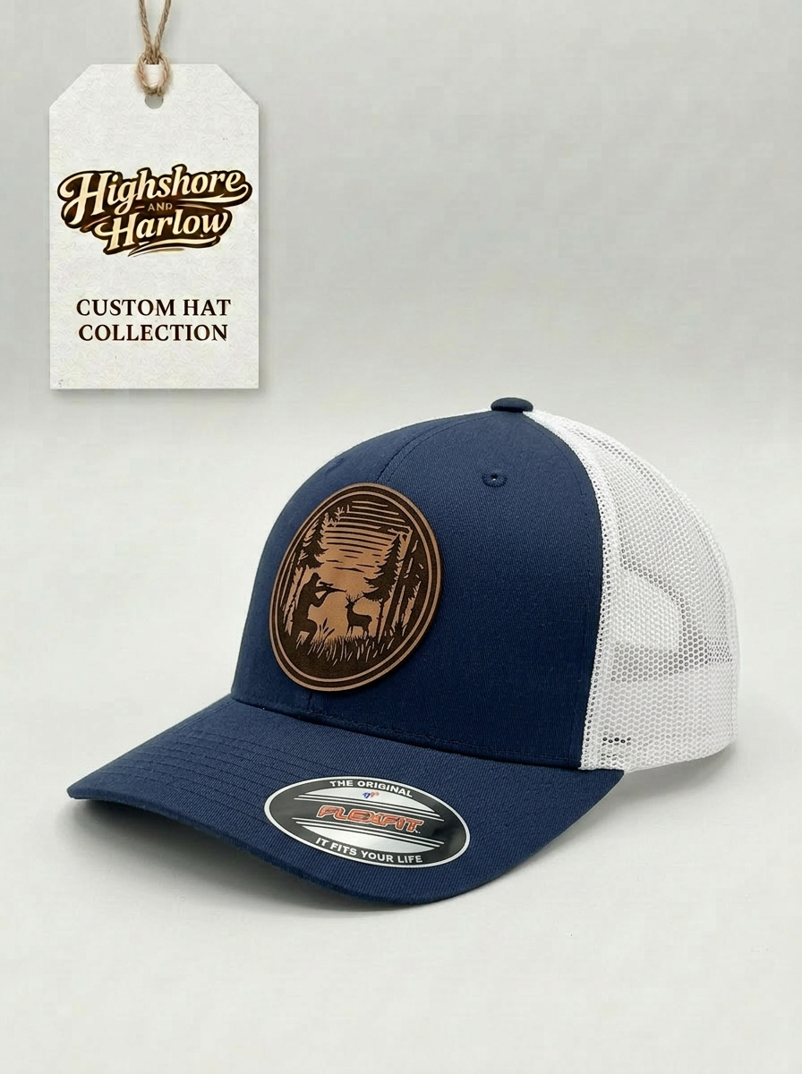 The "Hunter's Sunset" Premium Faux Leather Patch Hat - Flexfit Navy/White